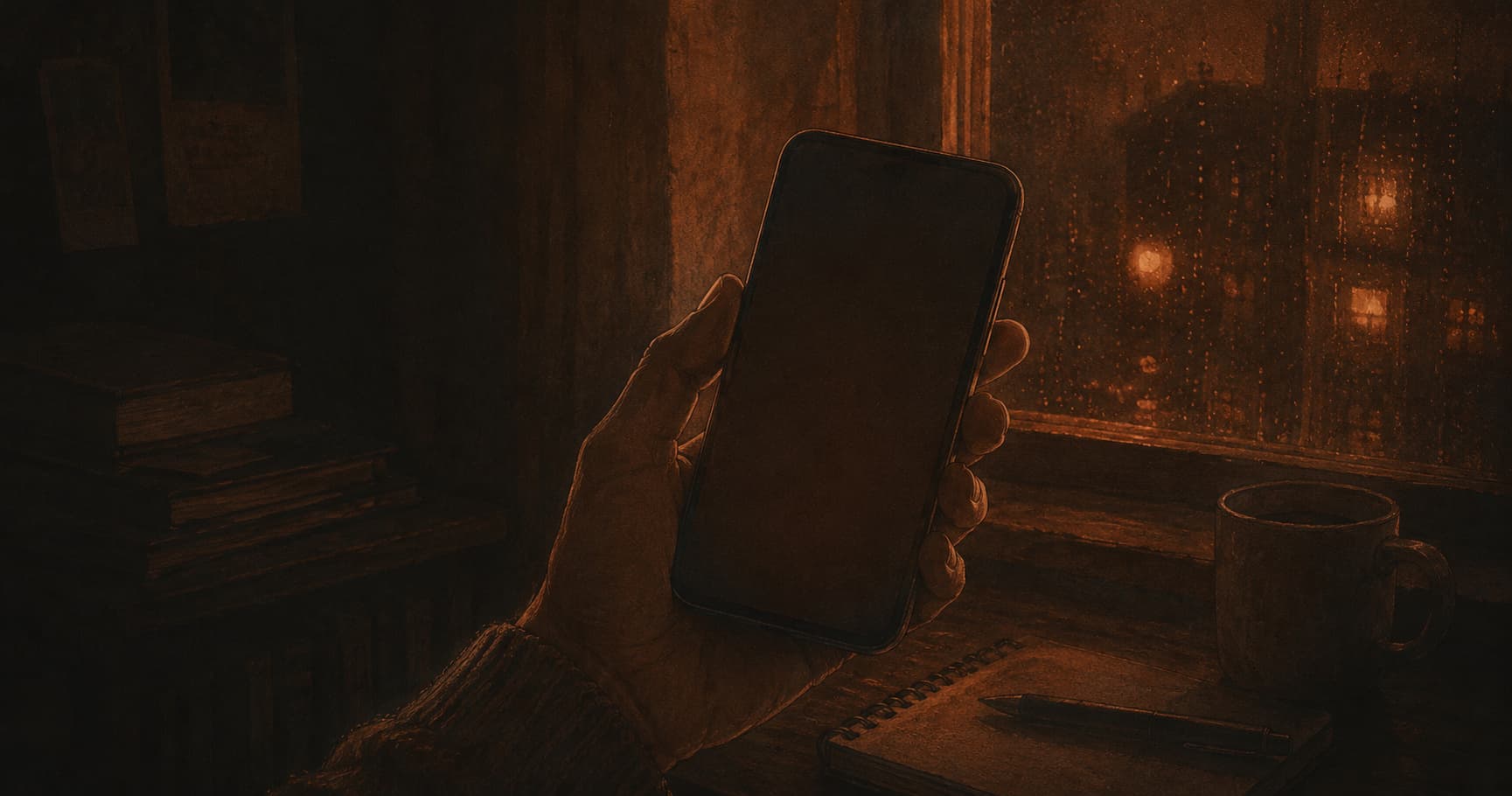 Main tenant un téléphone à l'écran éteint près d'une fenêtre, le soir, dans des tons chauds