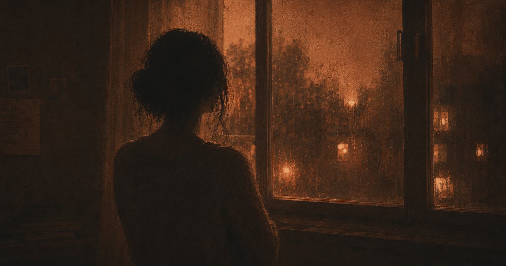 Silhouette d'une personne de dos devant une fenêtre pluvieuse, dans des tons chauds sombres