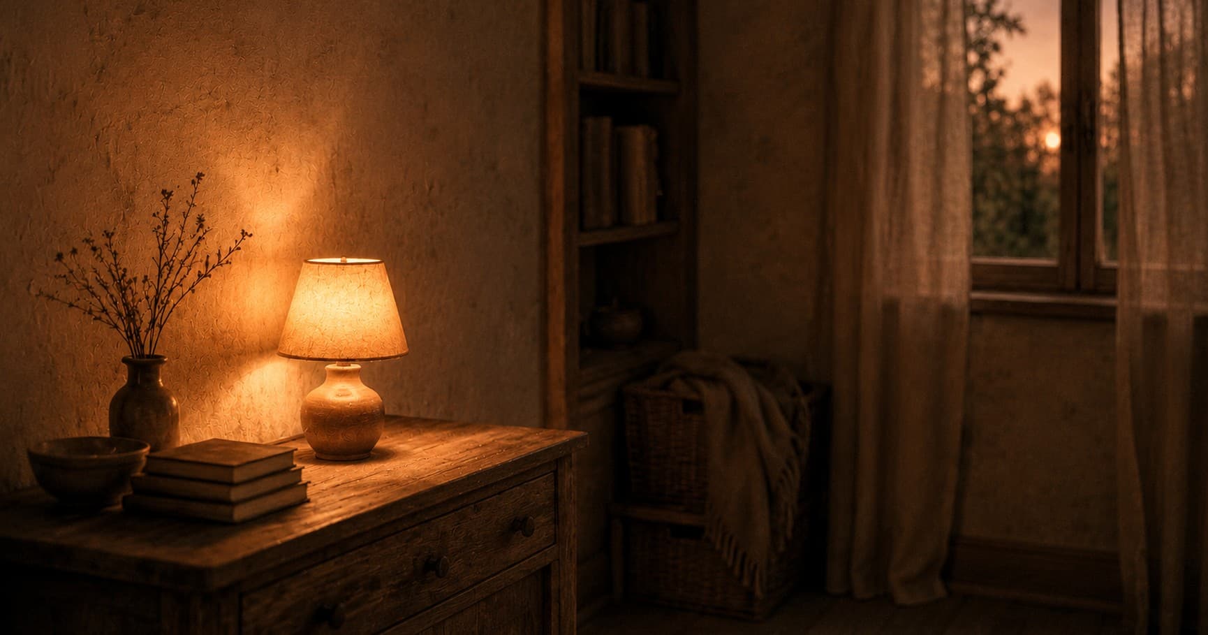 Une petite lampe allumée seule dans une pièce sombre, près d'une fenêtre au crépuscule.